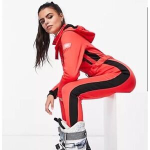 ASOS 4505 Ski & Snow Suit Red Black Belted Hooded One Piece Stirrup Cuffs US 6